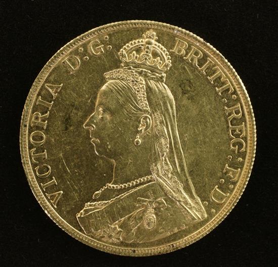 A Victoria Jubilee head 1887 £5 gold coin, (EF).